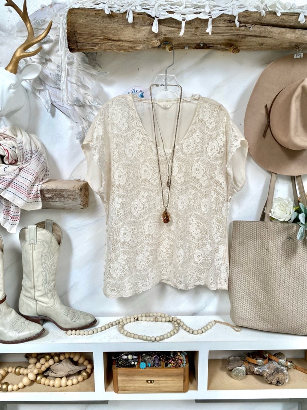 Semi sheer beautiful lace/crochet blouse w shabby chic farmhouse prairie vibe